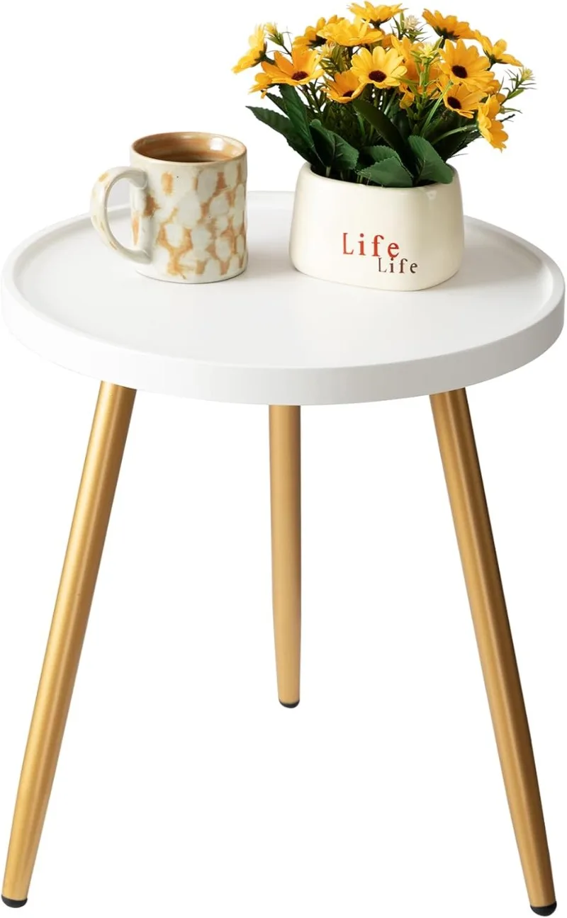 

Round Side Table, Metal Legged Accent Table with Wooden Tray, Small Round End Table for Living Room, Bedroom, Nursery,