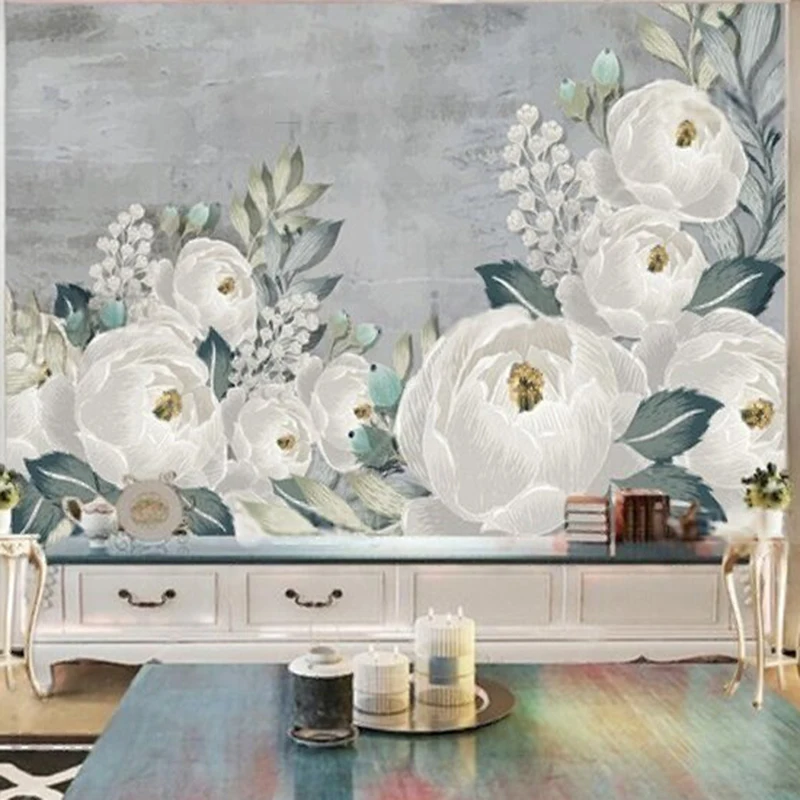 

Modern simple dreamy hand-painted pastoral and floral TV luxurious home decoration bedroom background wall