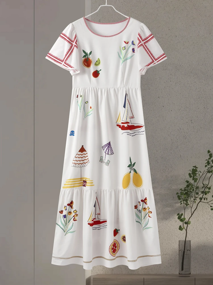 Fashion Cartoon Print Patchwork Dress Women Loose O-neck Short Flare Sleeve Pleated Female Dresses 2024 Summer Lady Holiday Robe