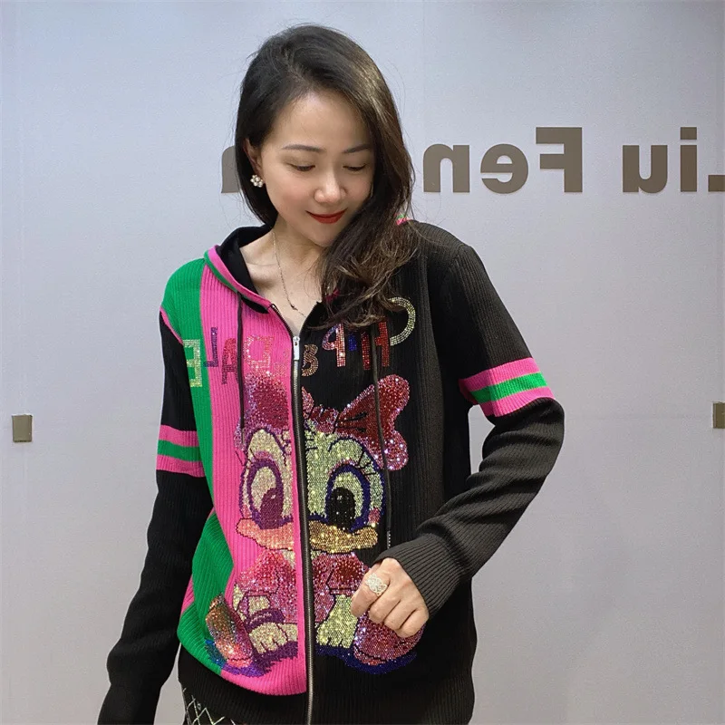 Hooded Long-Sleeved Knitted Cardigan Female 2024 Spring Autumn Women\'s Clothing Heavy Industry Cartoon Rhinestone Zipper Coat