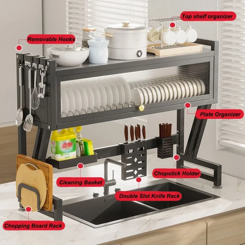 Kitchen Sink Bowl Rack Drain Rack Countertop Dust-proof Dish Knife Spoon Sink Rack Set Organizer Sink Shelf with Cabinet Door