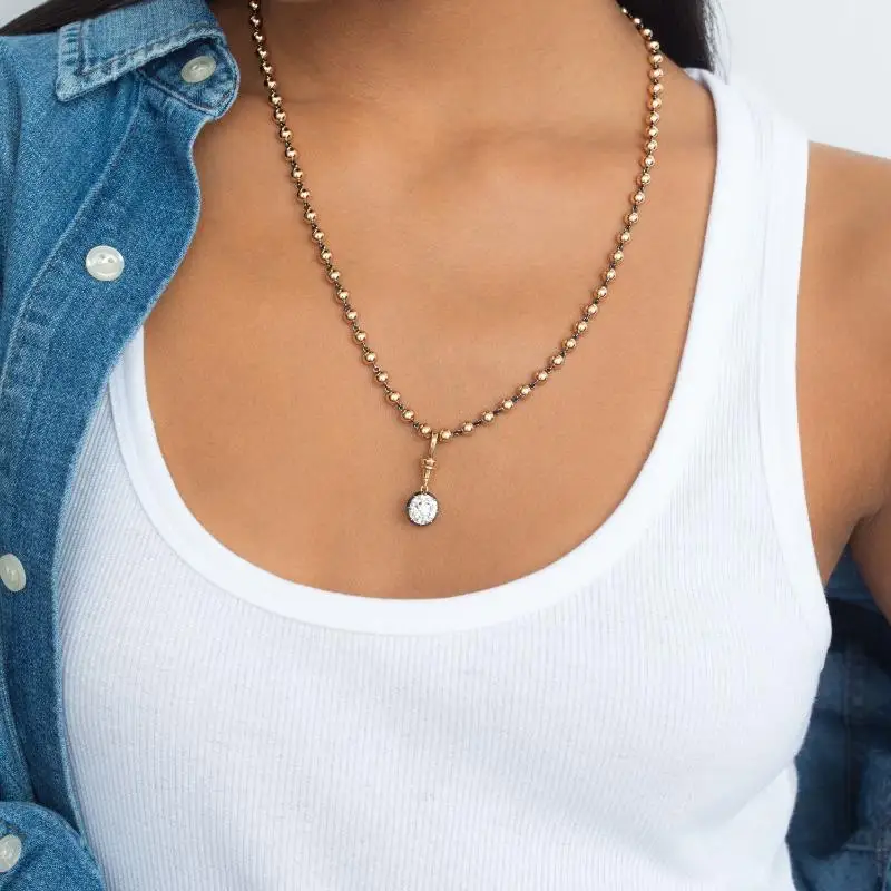 Damen-Halskette mit geometrischem weißem Zirkon-Anhänger, Perlenkette, goldfarben plattierter Edelstahl, einfacher Alltagsschmuck, Geschenk – Detail 23
