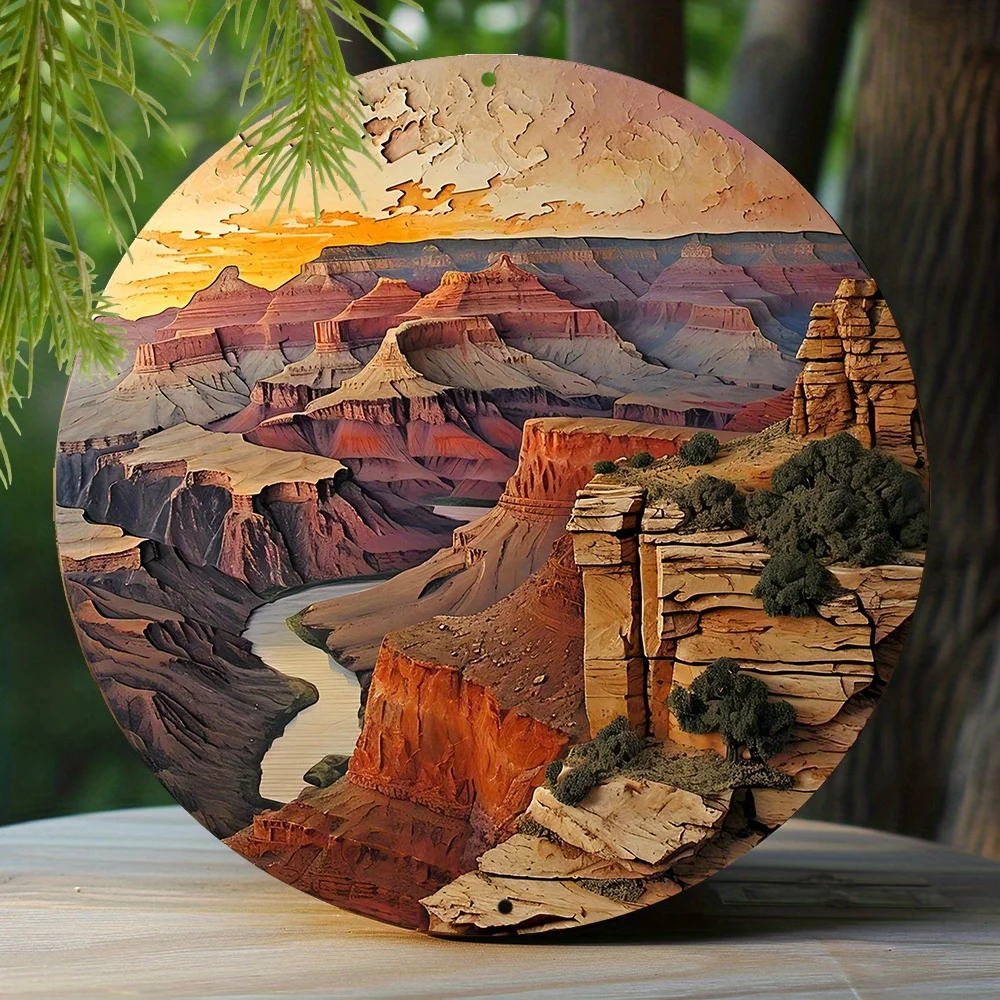 

Round Aluminum Faux Wooden Carved Painted Circular Wreath Sign Garden Decoration Mother's Day Gifts Grand Canyon Themed