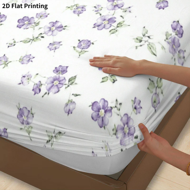 3Pcs Purple Floral Fitted Sheet Three Piece Set (1*Fitted Sheet + 2*Pillowcases, Coreless), Bedding Set