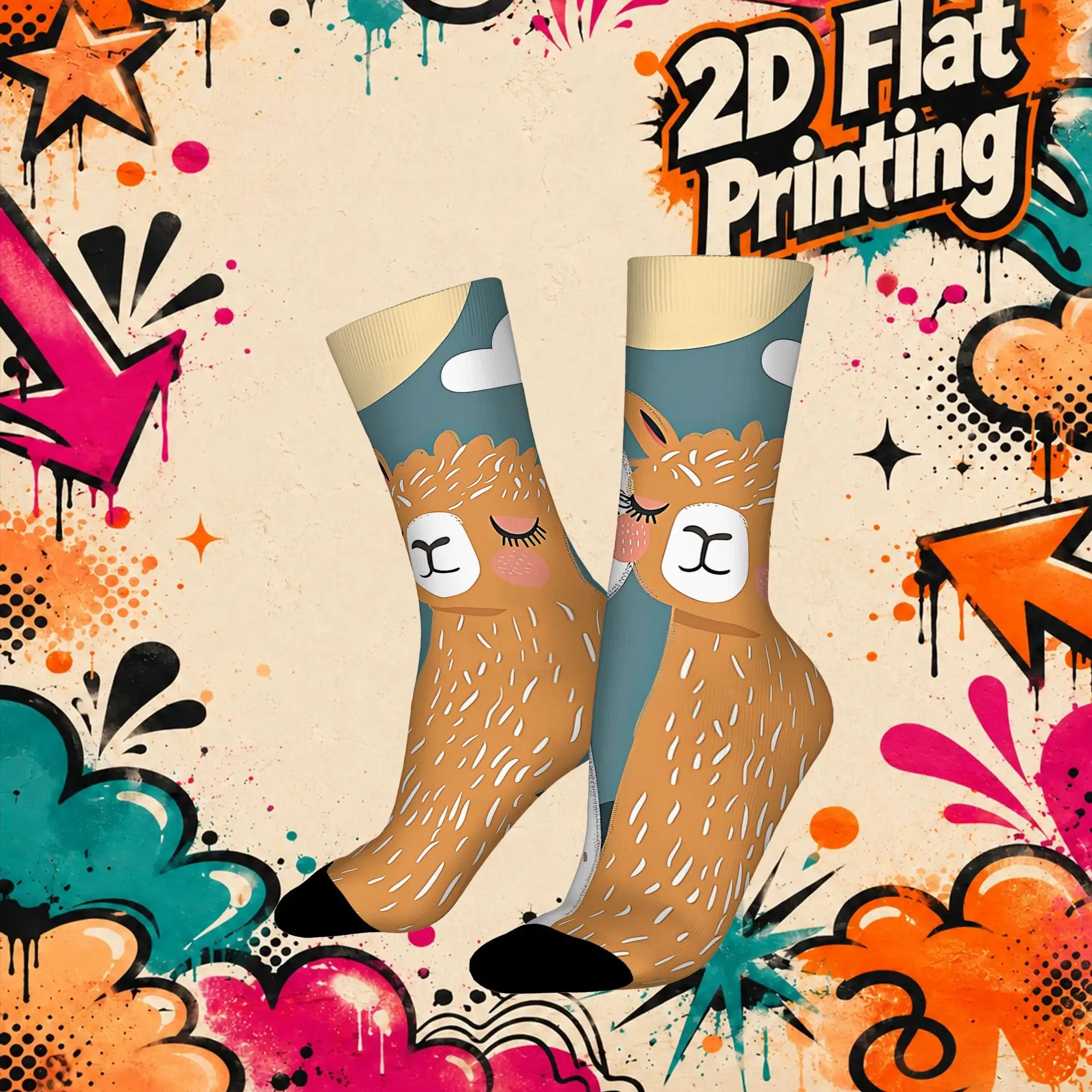Fashion Vintage Line Art Alpaca Print Crazy Men's  Crew Sock Unisex  Funny  compression Socks