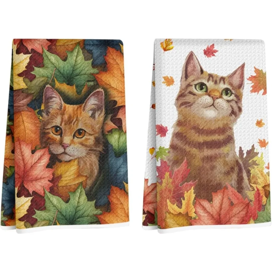 

2 шт. кухонные полотенца с милым котом в кленовых листьях 24x14 Ih Fall Leaves, декоративные вафельные полотенца для рук для кухни, дома, фермерского дома, Abso
