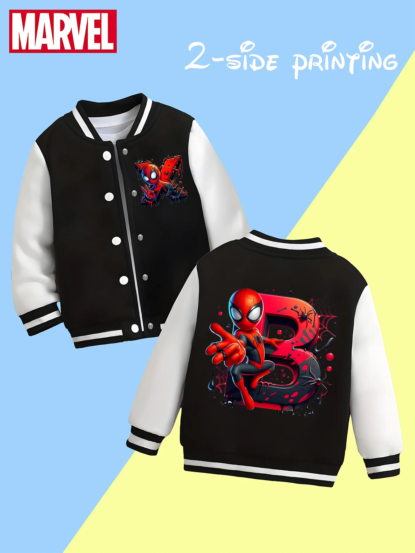 

MINISO Trendy Marvel Spider-Man Boys Baseball Jacket - Double-sided creative lettering print, black and white, comfortable fabri
