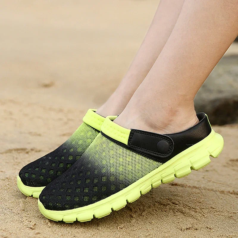 2023 Men Women Summer Sandal Mesh Mules Breathable Padded Beach  Shoes Women Solid Flat Bath Slippers Outside Mens Slippers