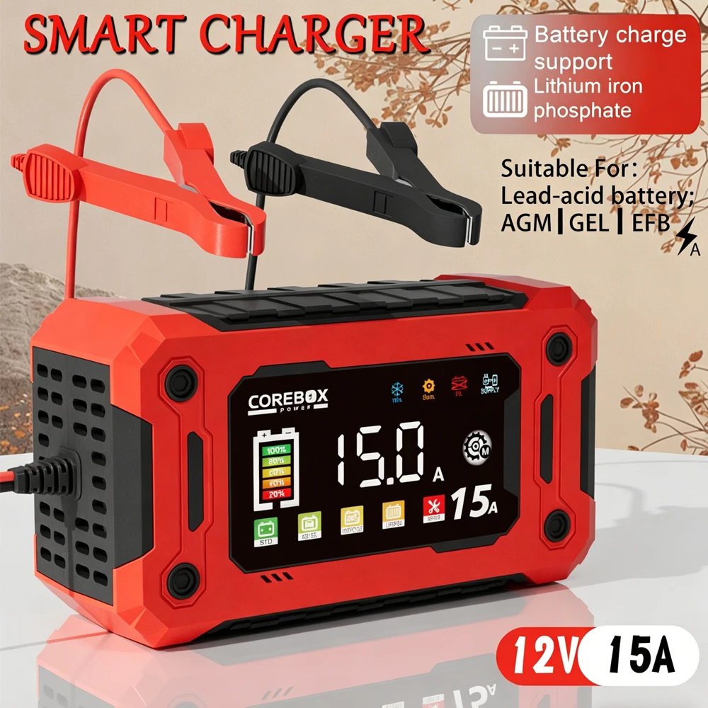 12V 15A Car Battery Charger With Power Recovery Function LED Digital Touch Screen Suitable For Automotive AGM GEL Batteries