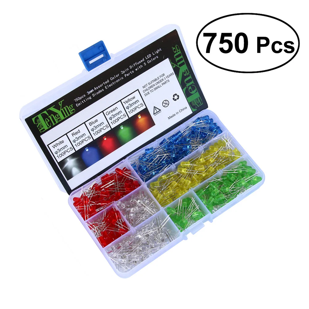 

750pcs LED Light Emitting Diodes 3mm Round Assorted Color 2pin Diffused LED Electronic Parts White Red Yellow Blue Green Box Kit