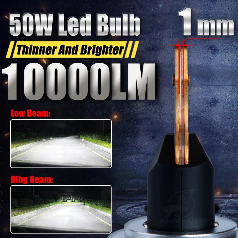 P1 50W 1mm Led Headlight H7 H4 D2S H11 9005 9006 9012 H1 Canbus Led Bulbs 6000K 10000LM Turbo Led Lamp Lens Car Light