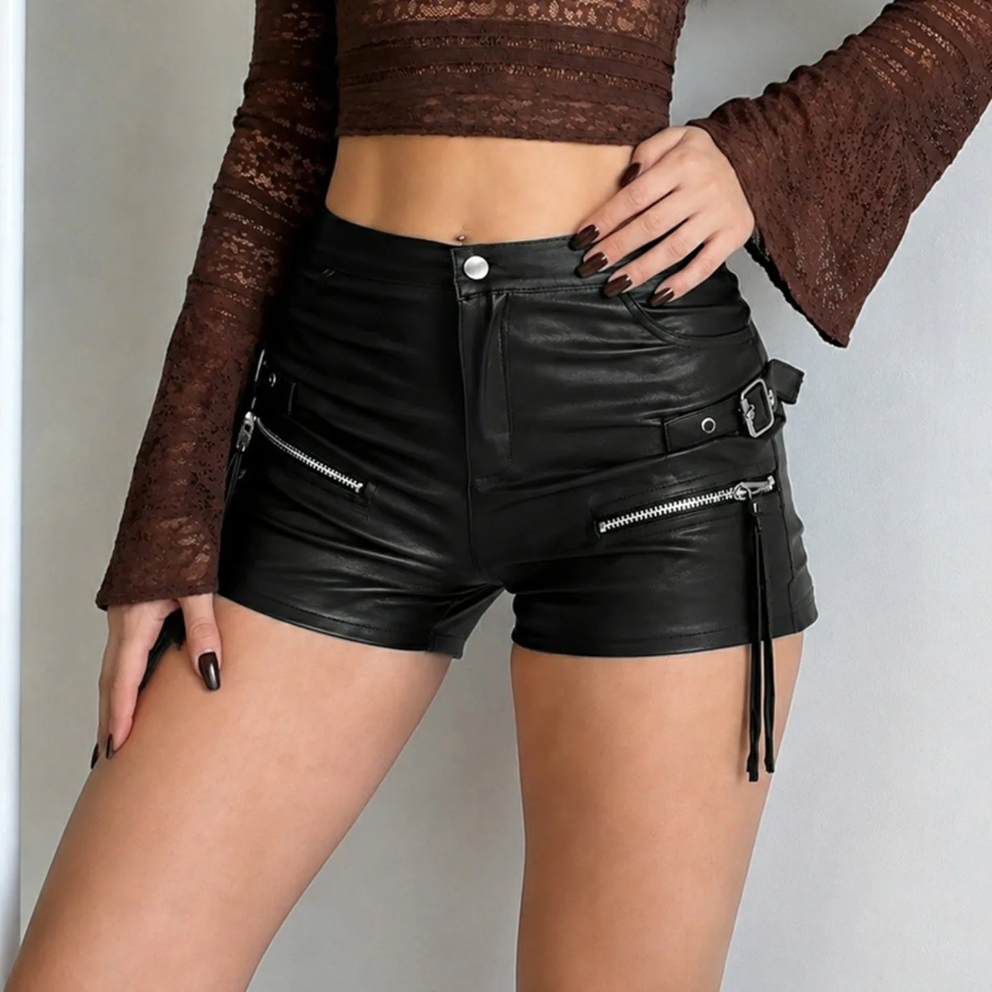 Zippers Metal Buckles Decoration Pu Leather Shorts Y2k Women Fashion Button Fly Peach Hip Casual Streetwear Clubwear Bottoms