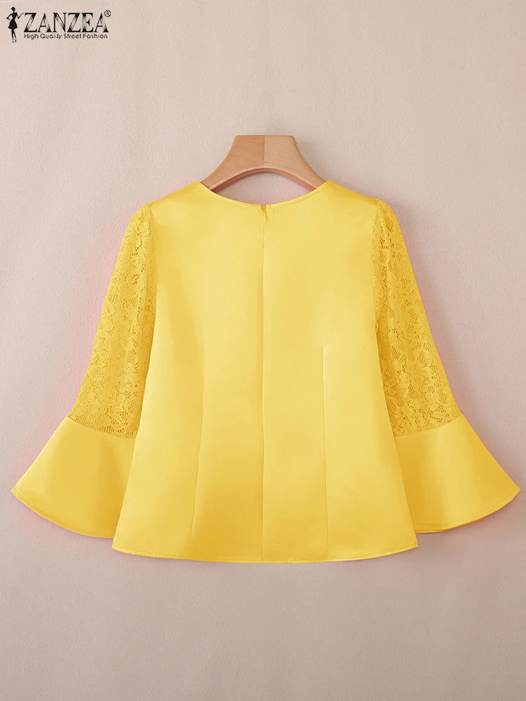 ZANZEA Elegant Flare Sleeve Work Shirt Office Lady Blouse Stylish Women Lace Patchwork Tops Satin Slim Fit Blusas Tunic Femme