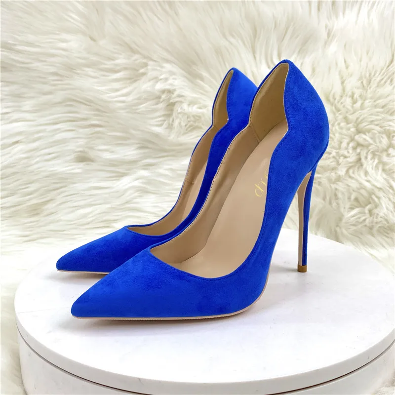 Keshangjia Blue Women Curl Cut Flock Pointy Toe High Heel Shoes 8cm 10cm 12cm Elegant Faux Suede Stiletto  33-45