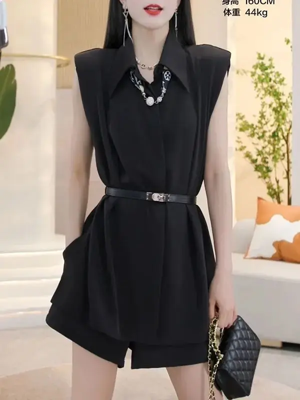 2024 Summer Fashion Simple Commuting Solid Color POLO Collar Shirt Sleeveless Sexy Slimming Top+Shorts Set