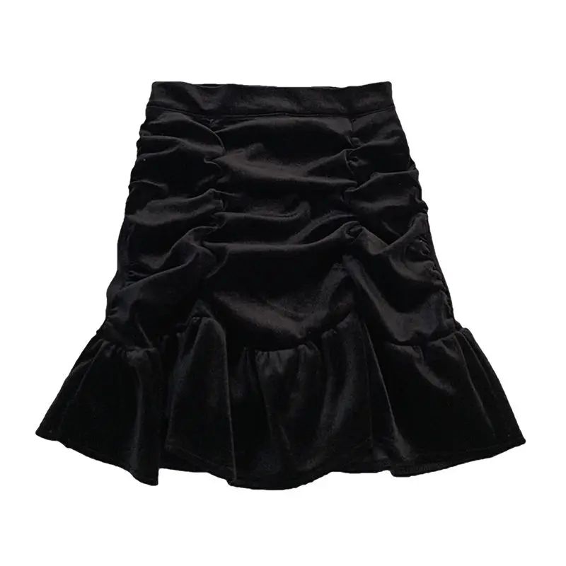 Monocromático A Line Velvet Ruffles para meninas, Mini Hem, Chic Ruched, All-Match High Cintura, adorável e elegante, venda quente, inverno e outono, nova chegada