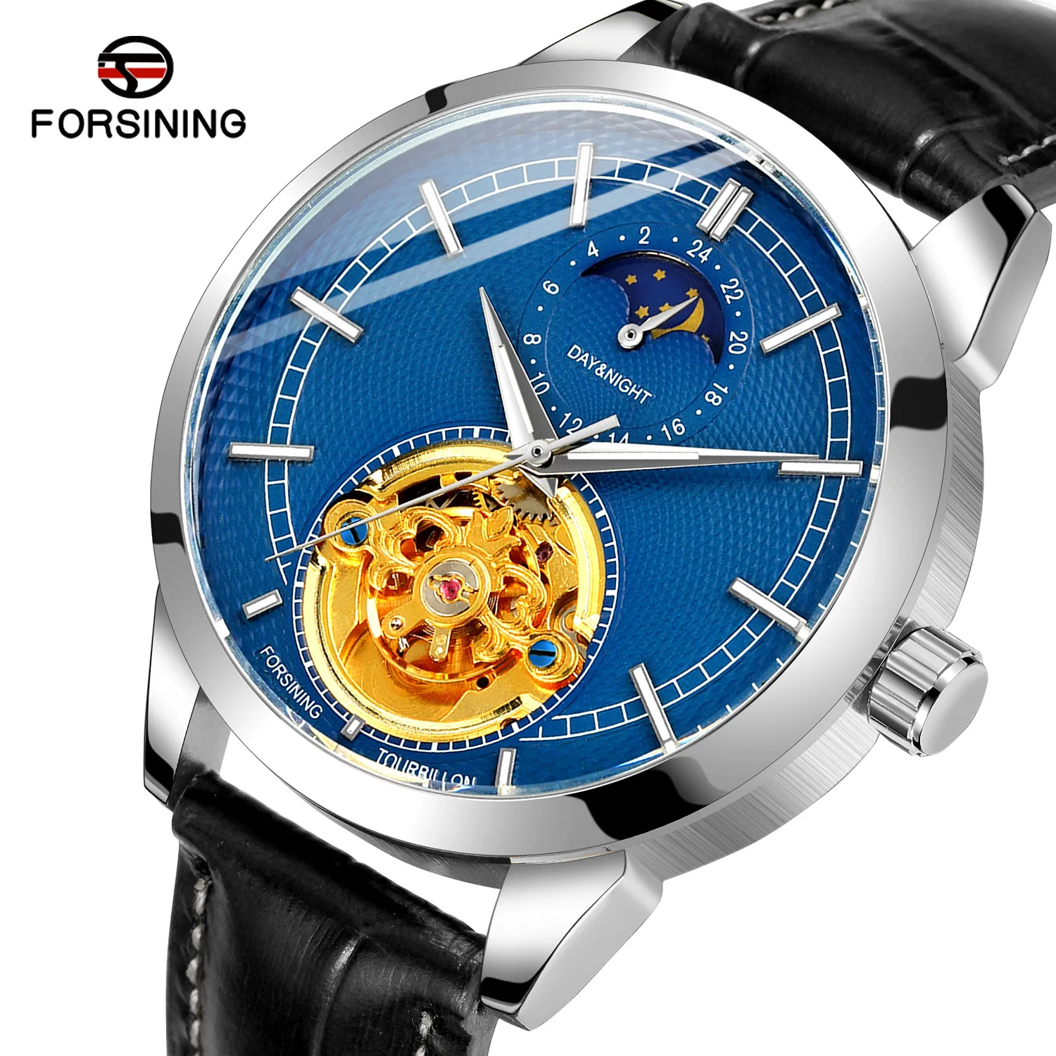 Mode forsining Top Marke hohle Tourbillon Pin Waage voll automatische mechanische Leder Mann Business Gürtel Mondphase Uhr