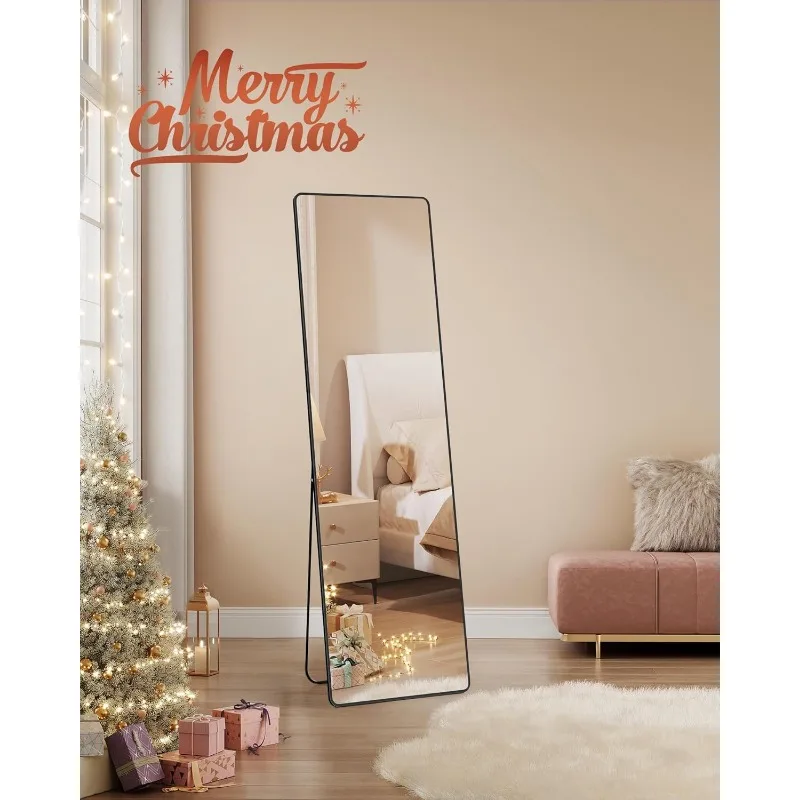 Full Length Mirror, 63 x 20 Inches, Rectangle Full Body Mirror with Stand, Aluminum Alloy Frame Floor Mirror, Tempered Glass