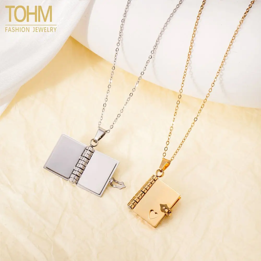 

TOHM Stainless Steel Book Pendant Choker Necklaces Women Men Waterproof Gold Plated Chain Neckalce Friendship Lover Jewelry Gift