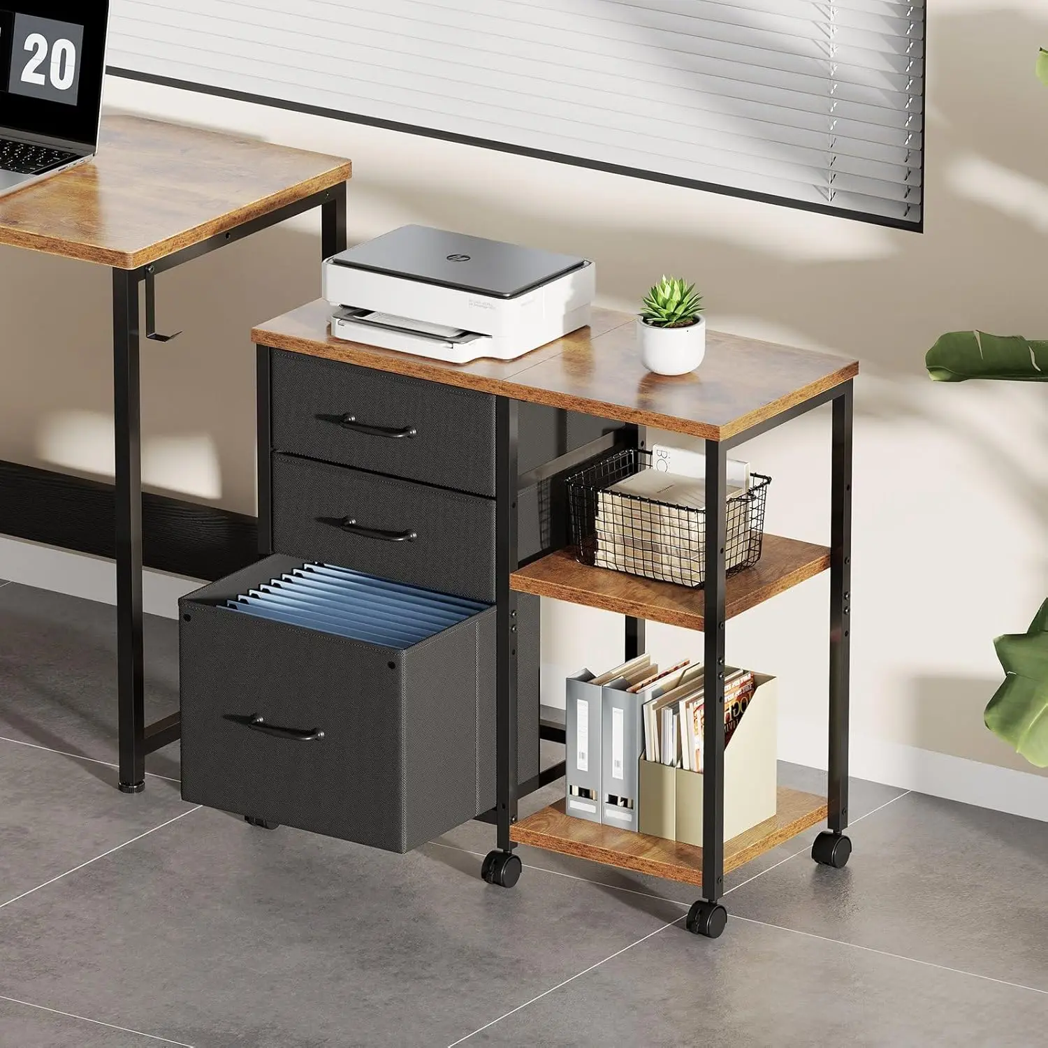 

3 Drawer File Cabinet with Wheels Rolling Printer Stand with Open Storage Shelf Fabric Lateral Filing Cabinet,Rustic Brown