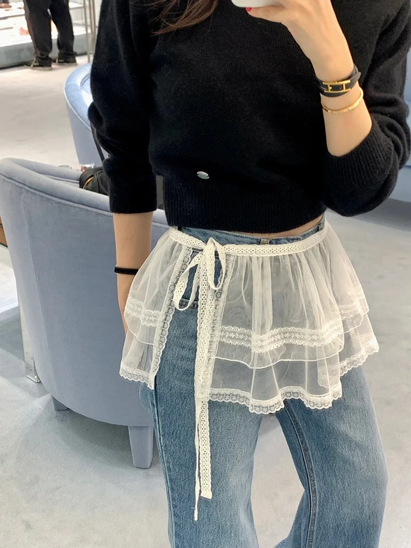 

Шикарная юбка с кружевной отделкой Me f, женская юбка с боковой галстуком-бабочкой на талии, прозрачные хлопковые юбки трапециевидной формы для поездок на работу