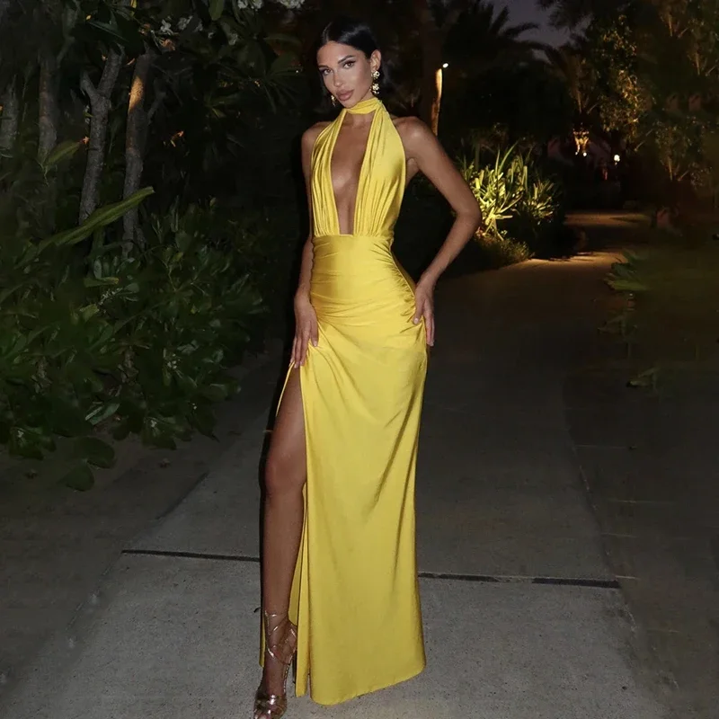 Halter głęboki dekolt w serek bez pleców seksowna sukienka Maxi dla kobiet moda solidna obcisła sukienka bez rękawów klubowa wieczorowa długa sukienka