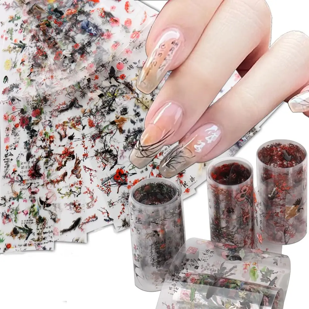 Peonía artística para uñas, pintura de tinta de caracter chino, pegatina de estilo chino, pegatinas de papel de aluminio, decoración de uñas, decoración artística