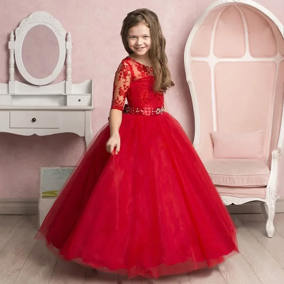 Red Lace Flower Girl Dresses Floor Length Pageant Dress With Waistband Half Sleeve Cute Tulle Ball Gowns