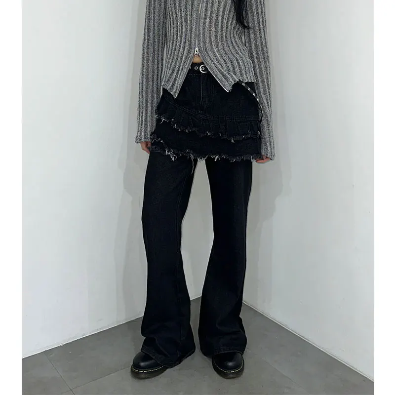 

Джинсы из двух частей High Street в стиле ретро, женские лоскутные плиссированные джинсы с потертостями, длинные брюки-клеш с микро-кльош