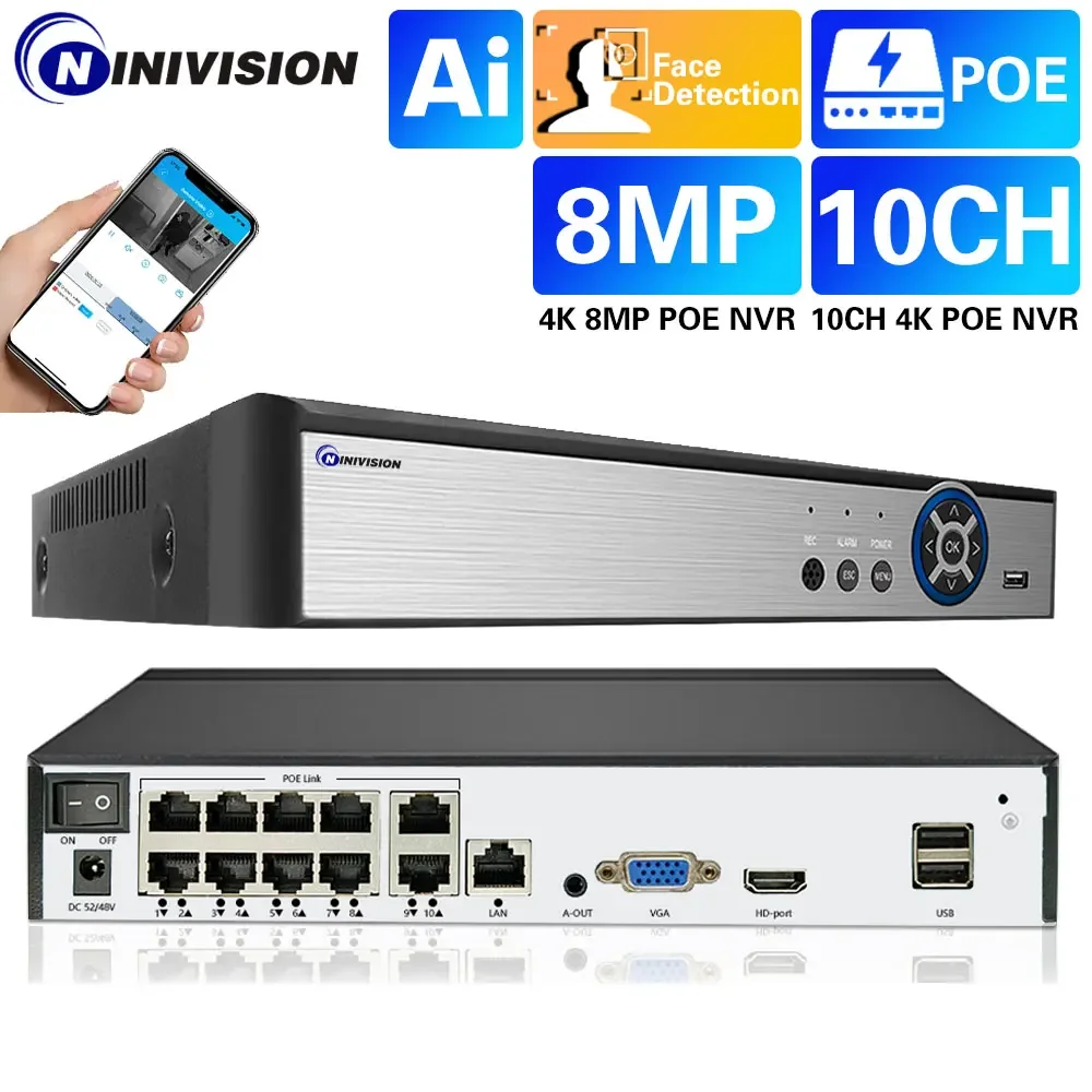 

4K 10CH CCTV Face Networking IP Video Recorder Audio Intercom For Home Xmeye Mini Poe Nvr Audio Security Protection 10 Channels