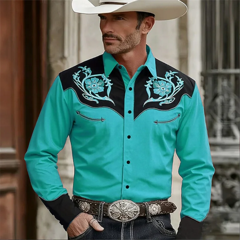 New Retro American Denim Shirt Men's Flip Collar Single Breasted Personalized Long Sleeved Top Clothing