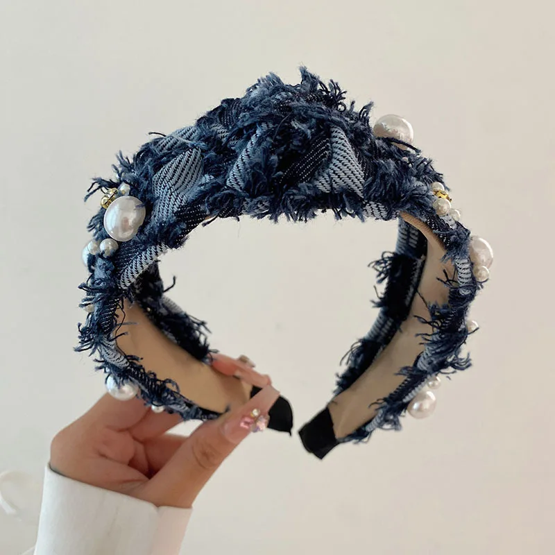 New Denim Headband Pearls Women Korean Style Hair Ornament Wide Hairband Top Bow Knotted Head Band Brand Fashion Headwear