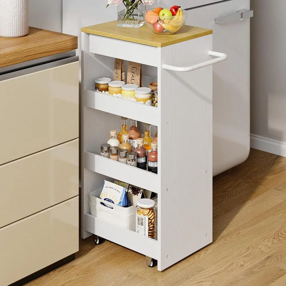 Slim Storage Rolling Cart with Der and Wheels and Handle, 4 Tier Slide Out Utility Kitchen Cart or Small Spaces Kitchen Laundry