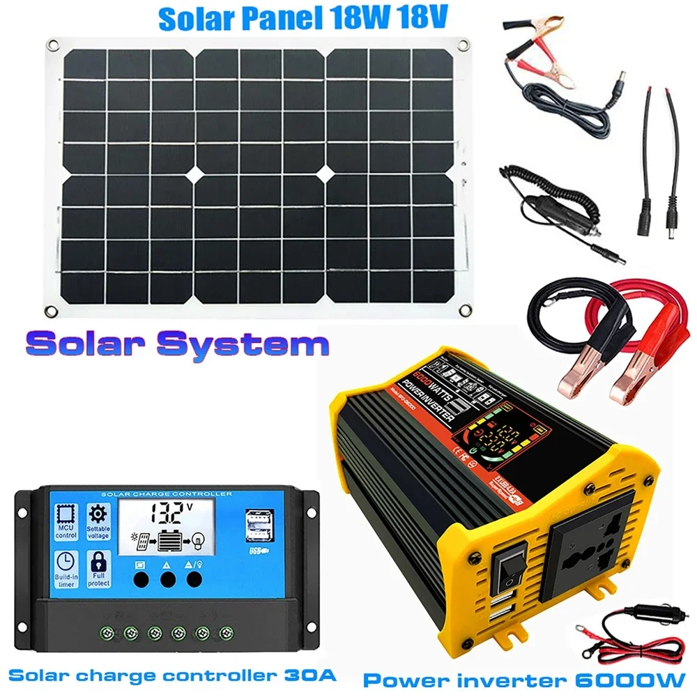 

Solar Power Generation System 6000W Smart LCD Display Power Inverter 12V To 110/220V 18W Solar Panel with 30A Controller Set