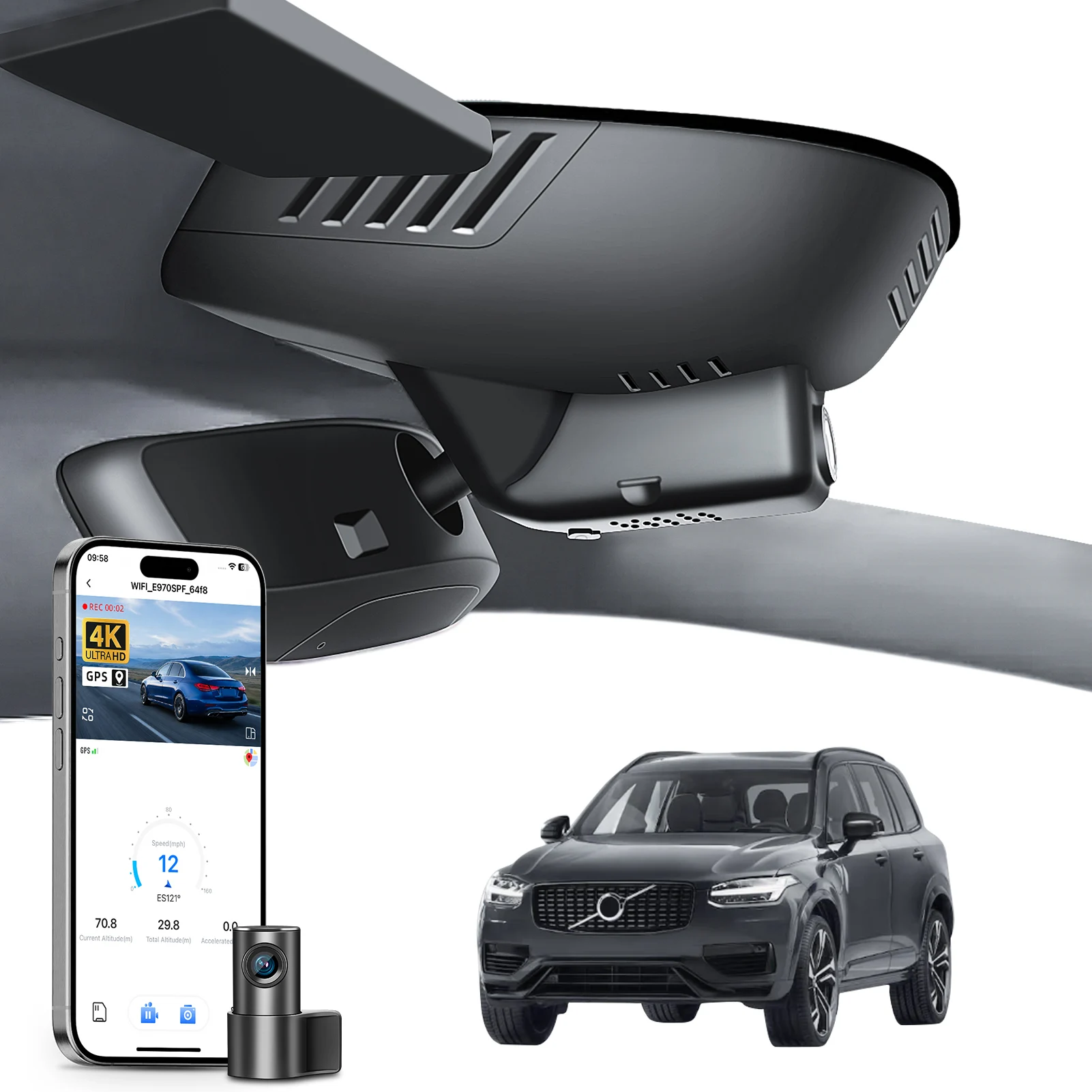 Cámara para Auto Mangoal 4K Dedicada para Volvo XC90, Grabadora de Video para Vehículo 2016-2026 (Modelo A/B), GPS, WiFi y APP, Plug and Play