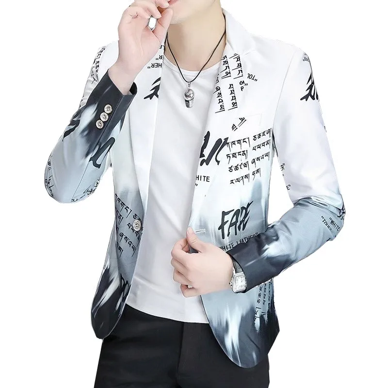 Spring and Autumn New Flower Suit Men Casual Jacket White / Black / Sky Blue Fashion Simple Wedding Banquet Party Dress Blazer