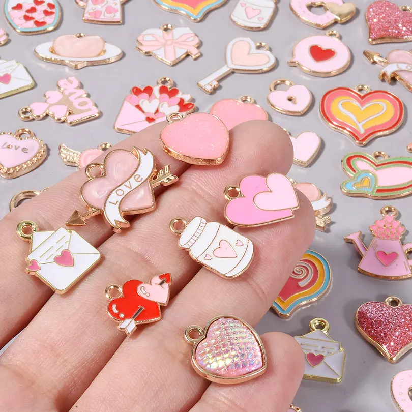 10/30/50PCS Mixed Pinky Alloy Enamel Cute Heart Flower Gifts Charms For Crafts DIY Earrings Necklace Jewelry Accessories Bulk