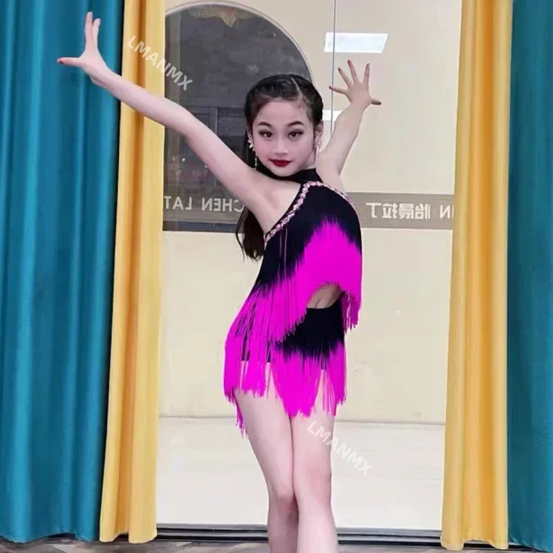 Skirts Child Latin Ballroom  Tango Dancewear New Pink Black Latin Fringes Dance Costume Girls Latin Tassels Dress