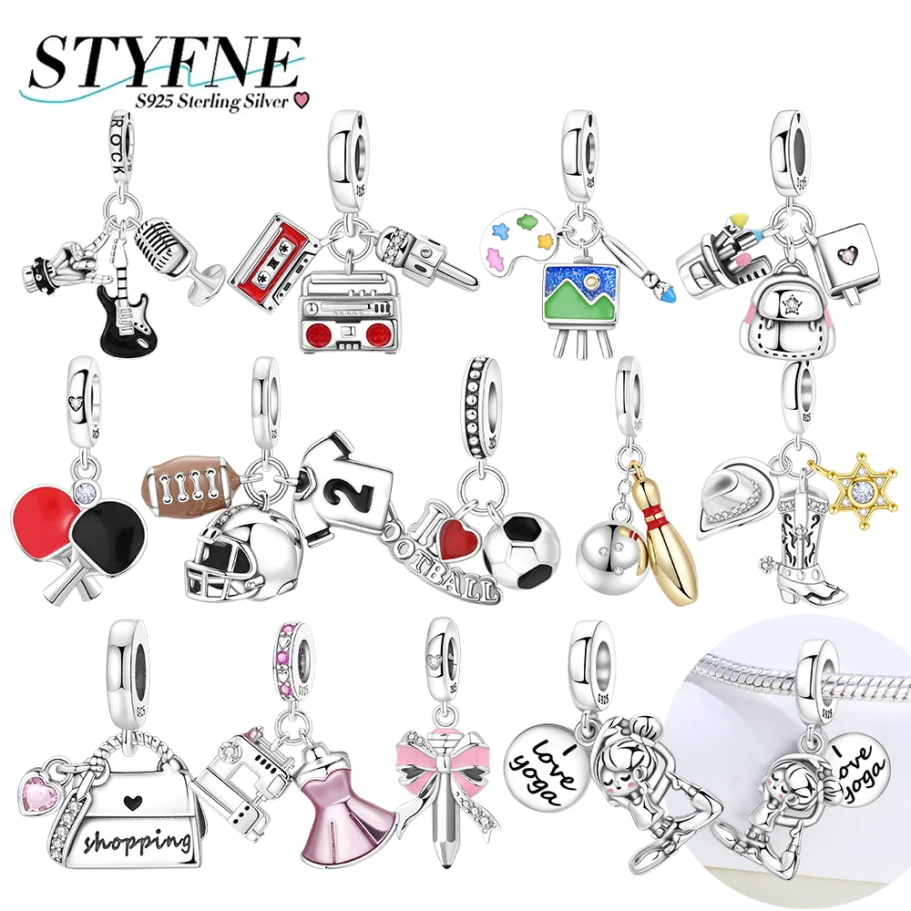 Football Baseball Original 925 Silver Charms Painting Music Yoga Shopping Beads Pendant Fit Diy Bracelet Jewelry Gift for Women