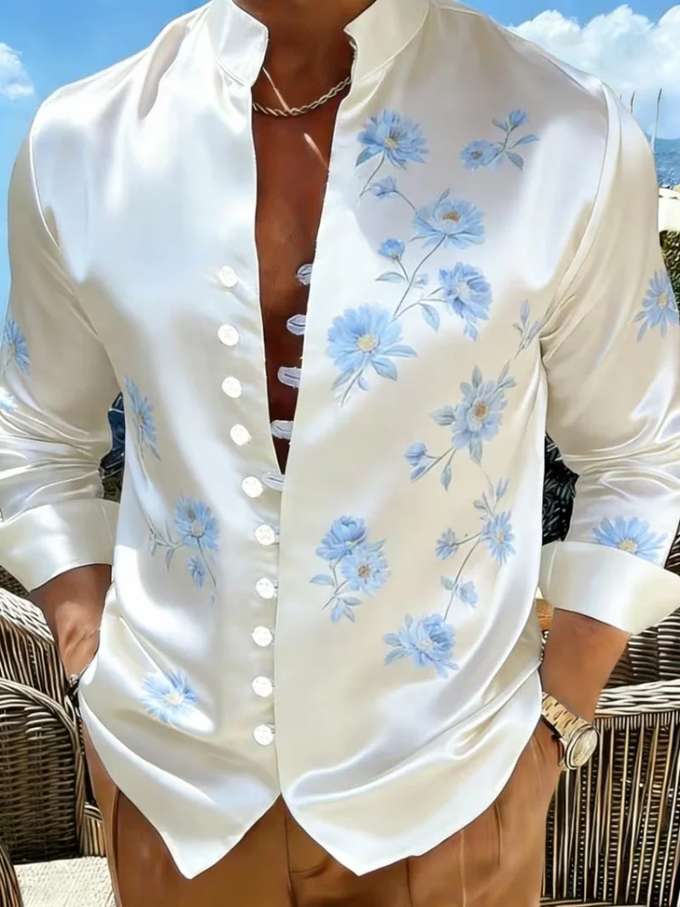 Summer Men's Luxury Stand Collar Long Sleeve Shirt with Retro Mandala Ethnic Print, Vacation Casual Loose-fitting Shirt Top