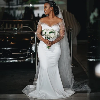 Afrikanische Luxus Brautkleid Perlen lange Ärmel weiße Satin Brautkleider für Frauen 2024 Braut Meerjungfrau/Trompete Brautkleider