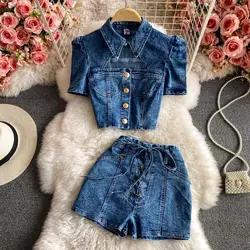 Denim Shorts Sets For Women Girls Turn Down Collar Hollow Out Short Shirts+Shorts Jeans 2 Pieces Clothing Sets Outfits