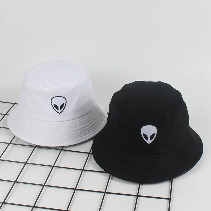 Black White Alien Pattern Bucket Hat Unisex Hip Hop Gorros Men Women Summer Panama Cap Beach Fishing Hats Cotton Sunhat