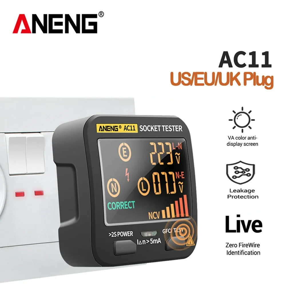 ANENG AC11 Voltage Test Socket Detector Ground Zero Line Phase Check Rcd NCV Test Digital Smart Socket Tester US/UK/EU Plug