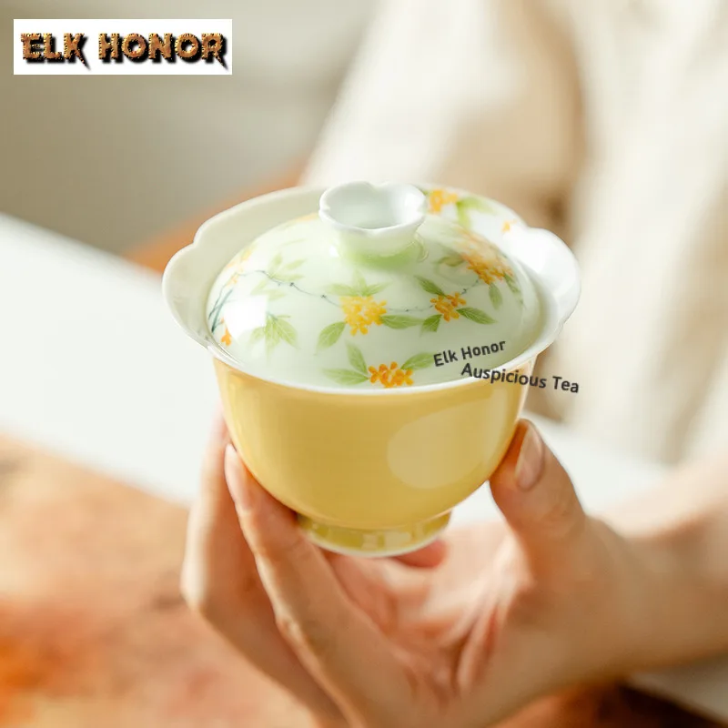 100ml Hand-painted Osmanthus Flowers Gaiwan Antique Tea Tureen Tea Bowl With Lid Kit Tea Maker Cover Bowl Tea Items Collection