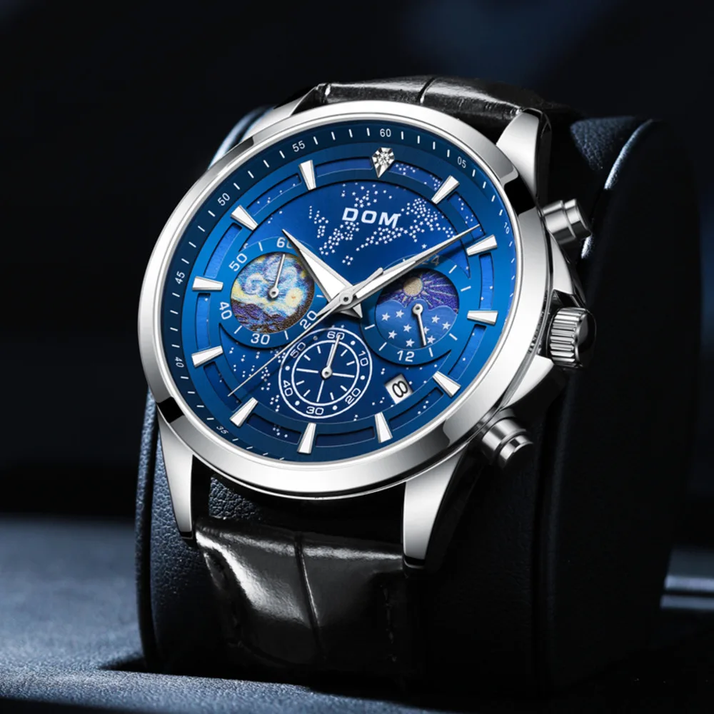 Dom Brand Fashion Simple Blue Star Sea Luminous Pointer Multifunctional Calendar Timing Waterproof Men's Watch