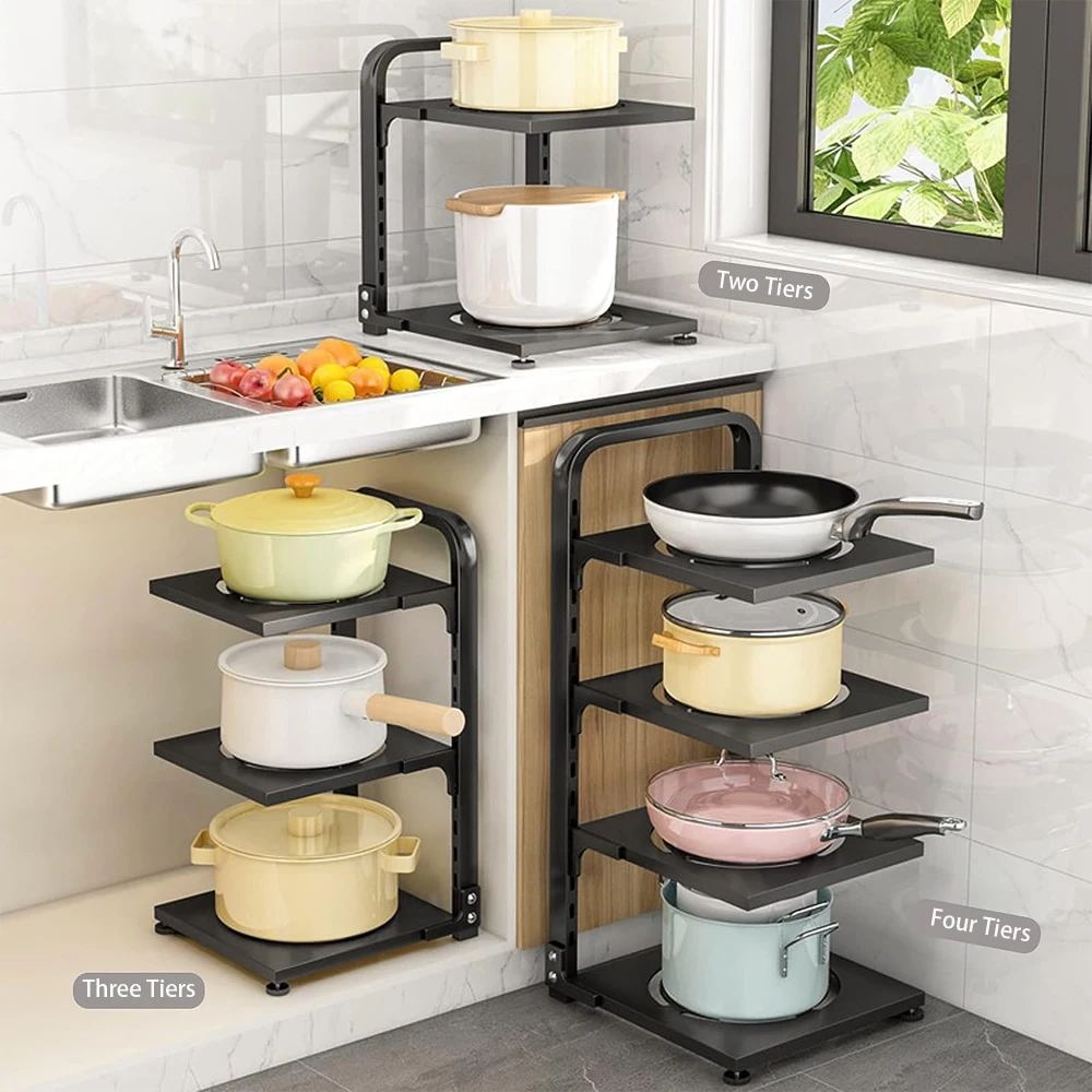 Adjustable Kitchen Storage Rack Pot Storage Rack Under Cabinet Free Layering Snap-On Pot Rack for Kitchen Organization