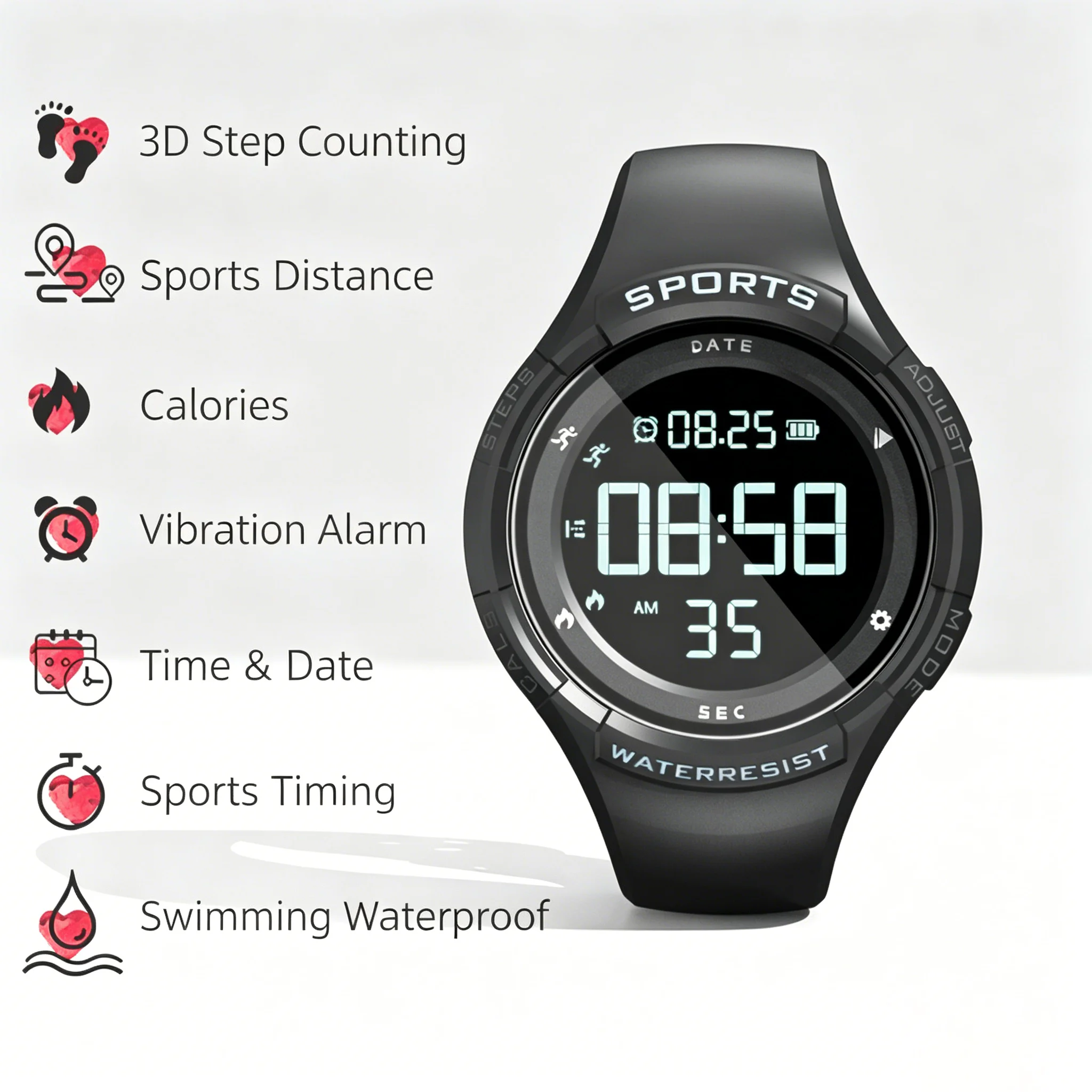 Waterproof Sports Watch, 50M Swimproof Digital Watch with Pedometer Calorie Vibration Alarm for Women Men Students
