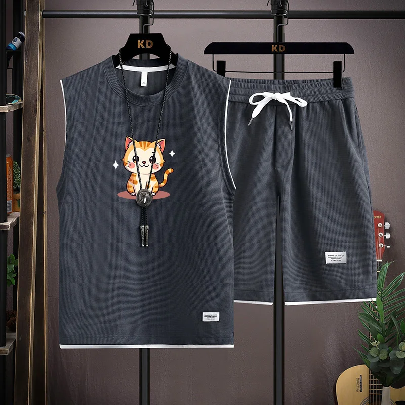 

Summer Casual Men's Vest orts Two-Piece Set High School Students Sli Sportswear Polyester Fiber No-Sve Top