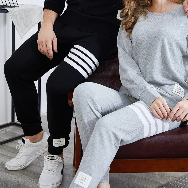 Couple's Casual Loose Fit Knitted Cotton TB Sweatpants Fleece Lined Comfortable Regular Style Long Pants For Men